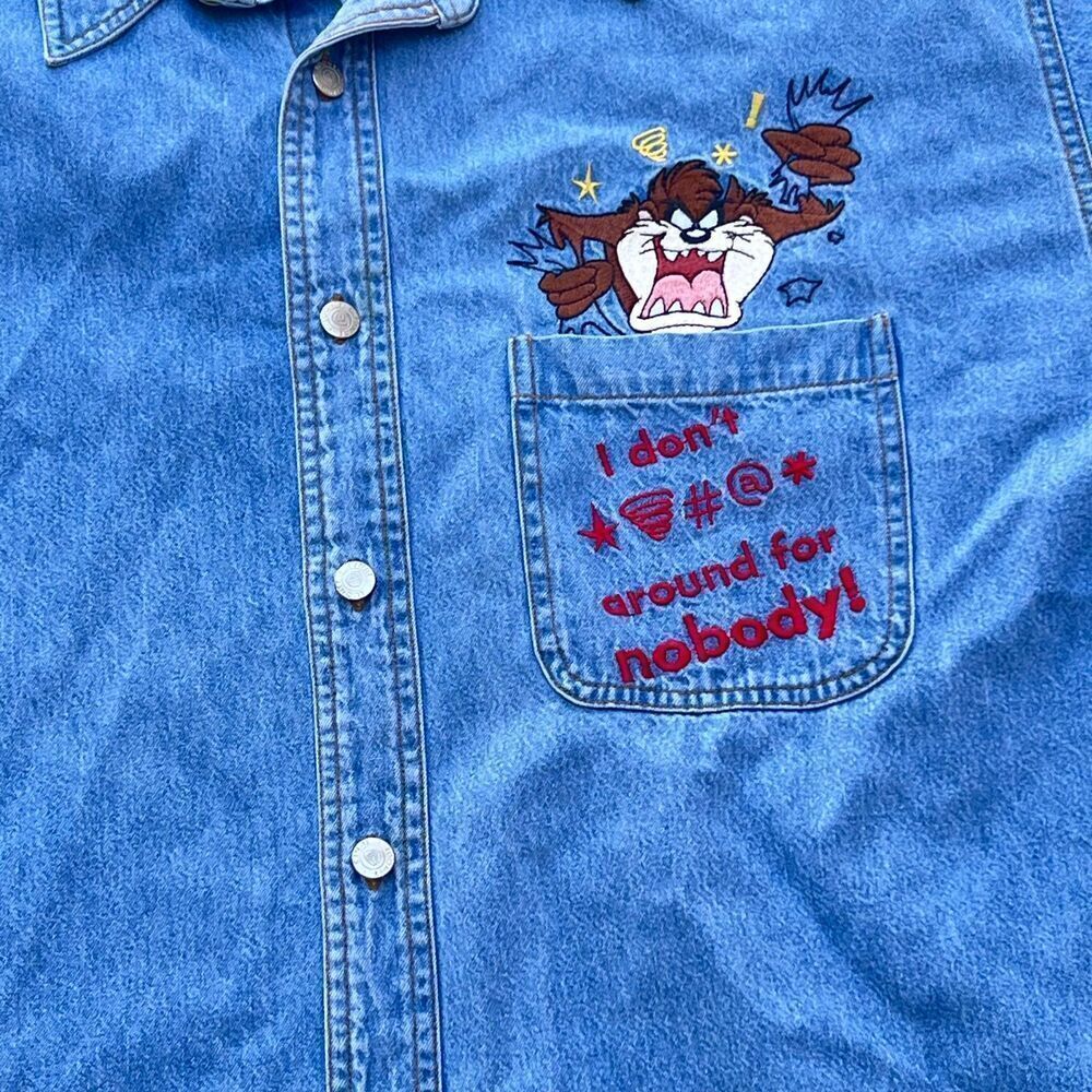 Vintage 90's denim denim shirt Goofy mickey mouse cowboy cartoon casual Sz XL - Picture 2 of 9